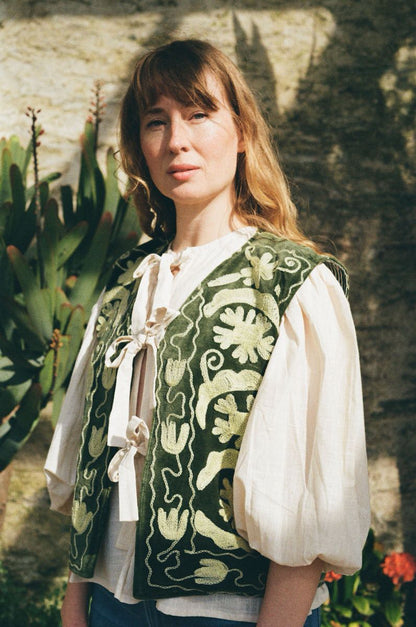 Folk Embroidered Waistcoat - Fern Green