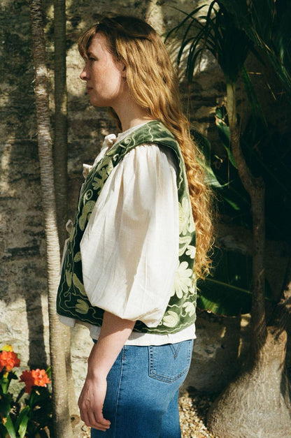 Folk Embroidered Waistcoat - Fern Green