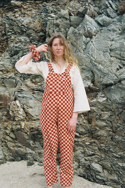 Checkered Dungarees - Clay Red