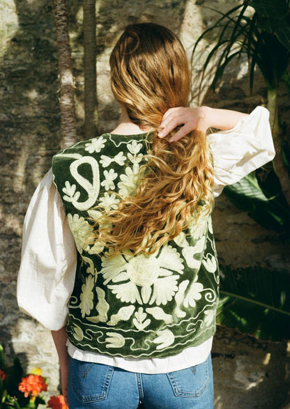Folk Embroidered Waistcoat - Fern Green
