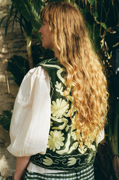 Folk Embroidered Waistcoat - Fern Green
