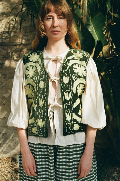Folk Embroidered Waistcoat - Fern Green