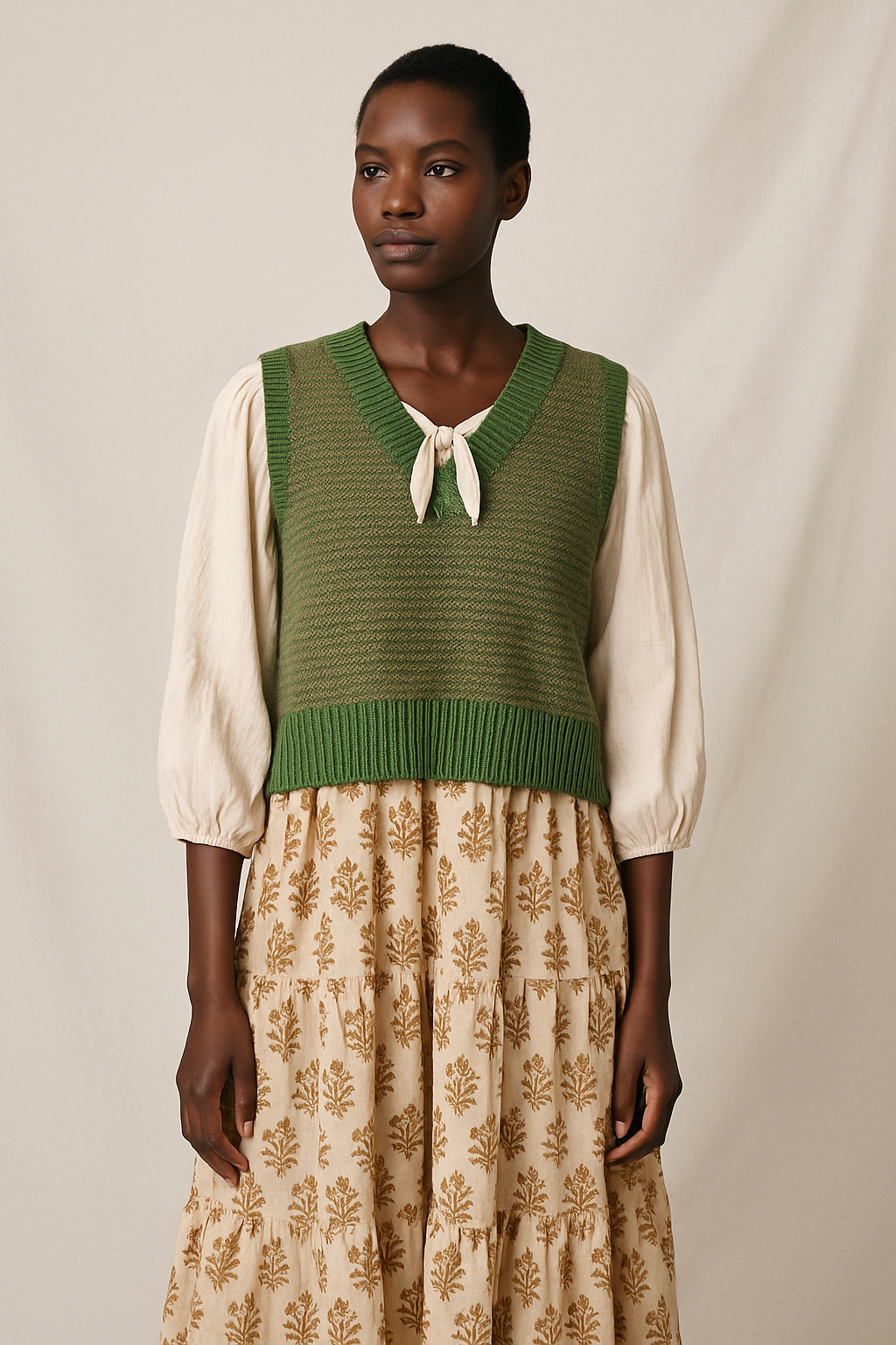 Sustainable style featuring a green knit vest and traditional block-print clothing by Banjaara ethical fashion brand.