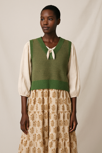 Sustainable style featuring a green knit vest and traditional block-print clothing by Banjaara ethical fashion brand.
