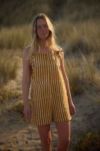 The Playsuit - Striped Ochre by Banjaara ethical slow fashion, showcasing comfortable block-printed summer silhouette.
