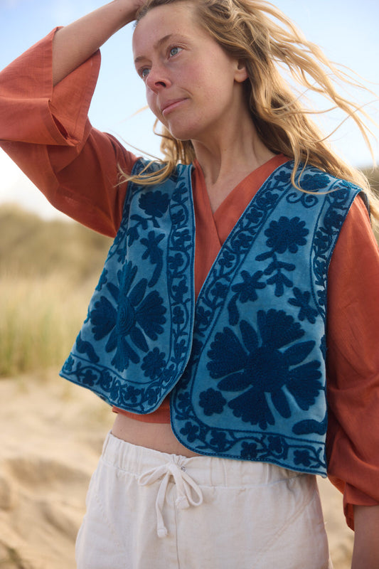 Folk Embroidered Waistcoat - Harbour Blue