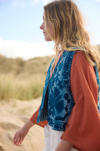 Folk Embroidered Waistcoat - Harbour Blue