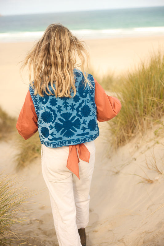 Folk Embroidered Waistcoat - Harbour Blue