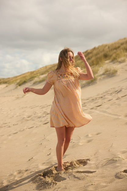 Poet Mini Dress - Marigold Gingham - Handcrafted Block Printed Dress
