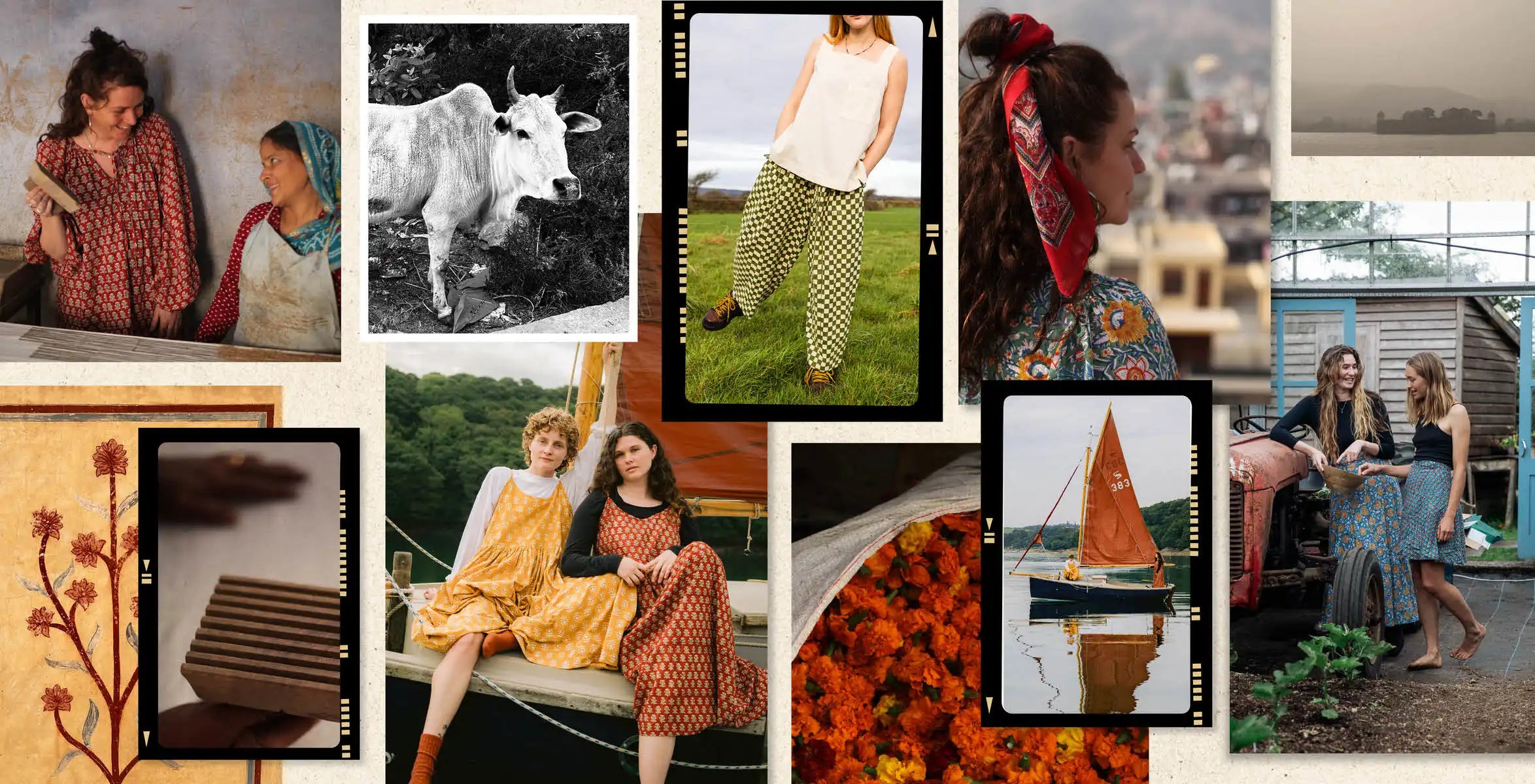BANJAARA slow fashion clothing displayed in natural setting, celebrating handcrafted block prints and ethical artisan work