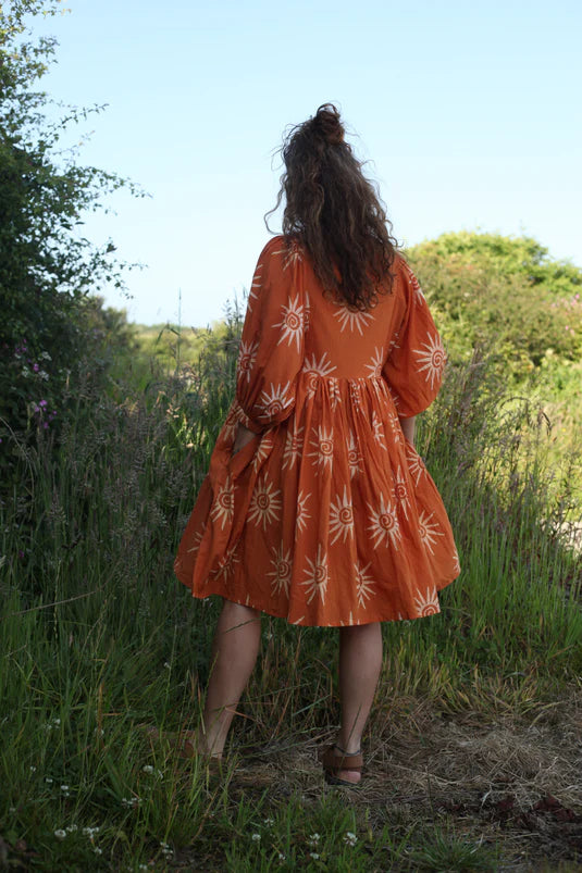 Orange sustainable block print dress for women in natural cotton