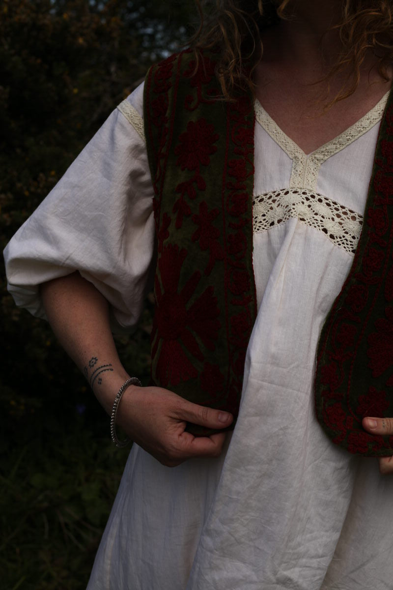 Folk Embroidered Waistcoat - Moss Green