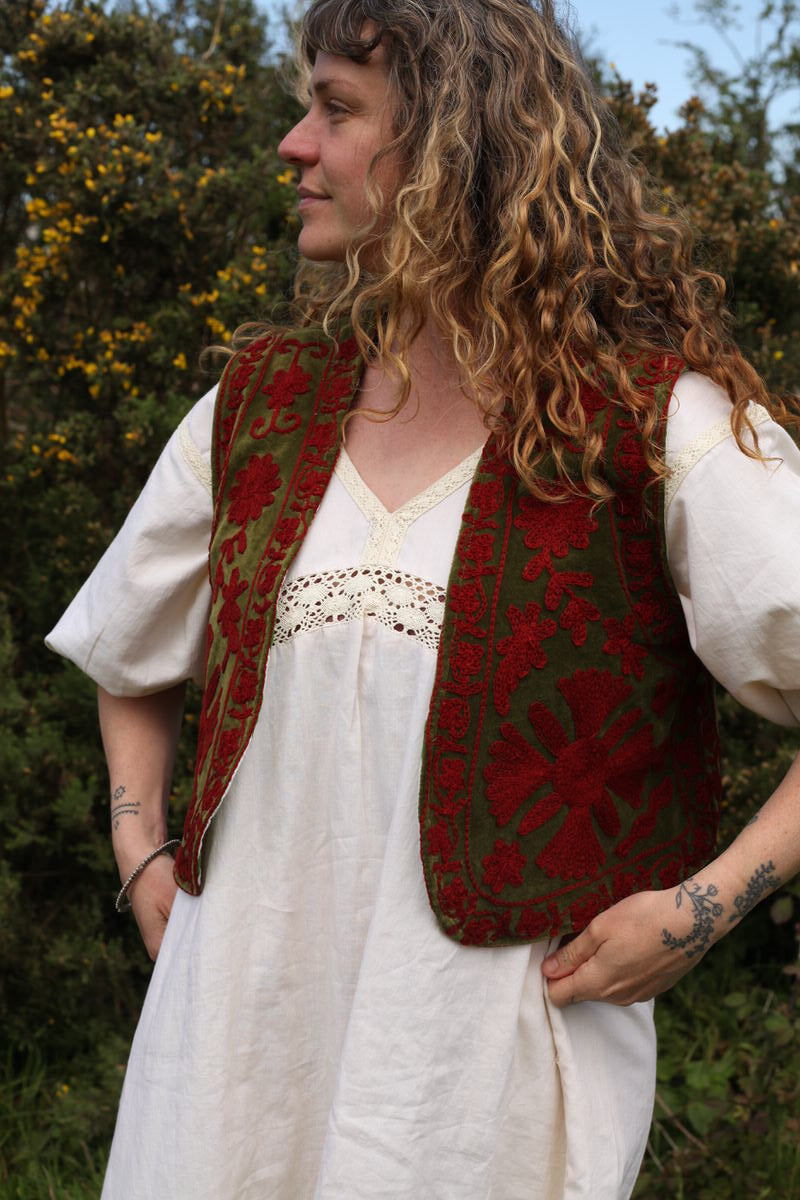 Folk Embroidered Waistcoat - Moss Green