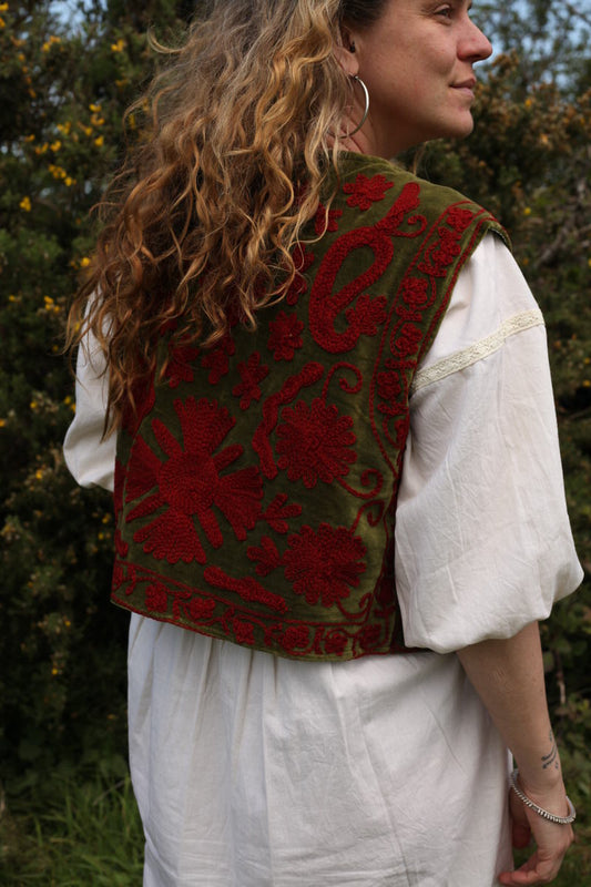 Folk Embroidered Waistcoat - Moss Green