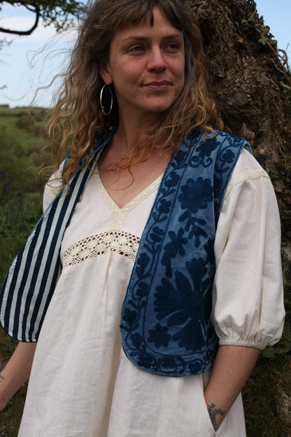 Folk Embroidered Waistcoat - Harbour Blue