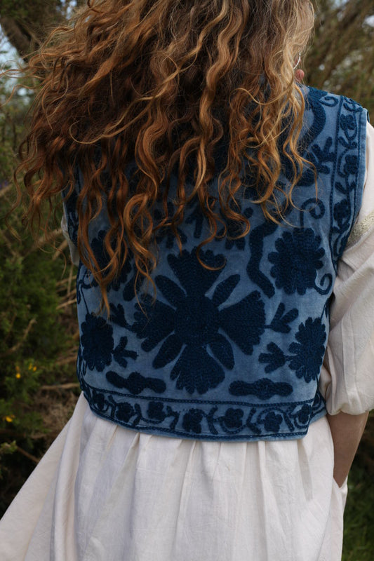 Folk Embroidered Waistcoat - Harbour Blue