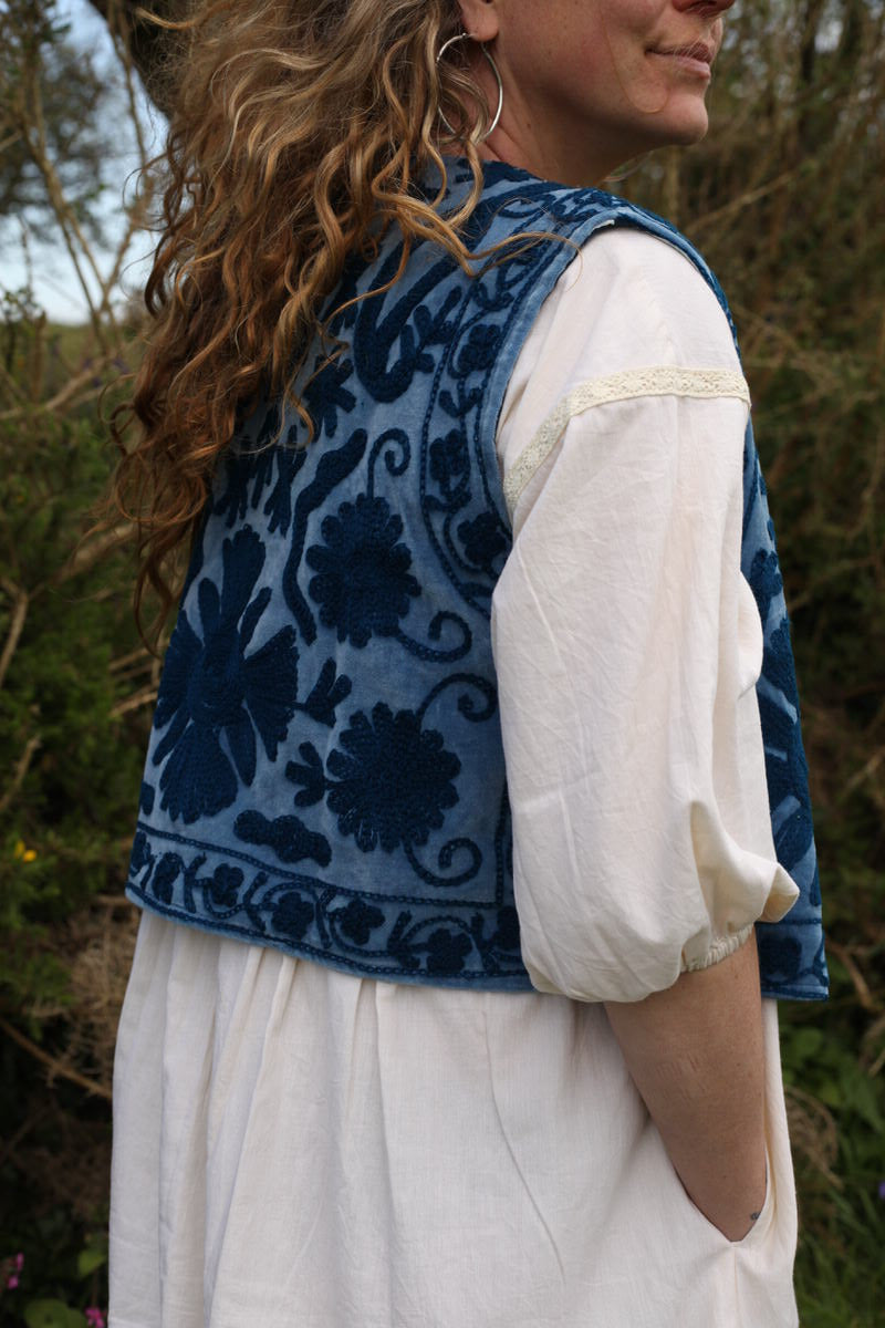 Folk Embroidered Waistcoat - Harbour Blue